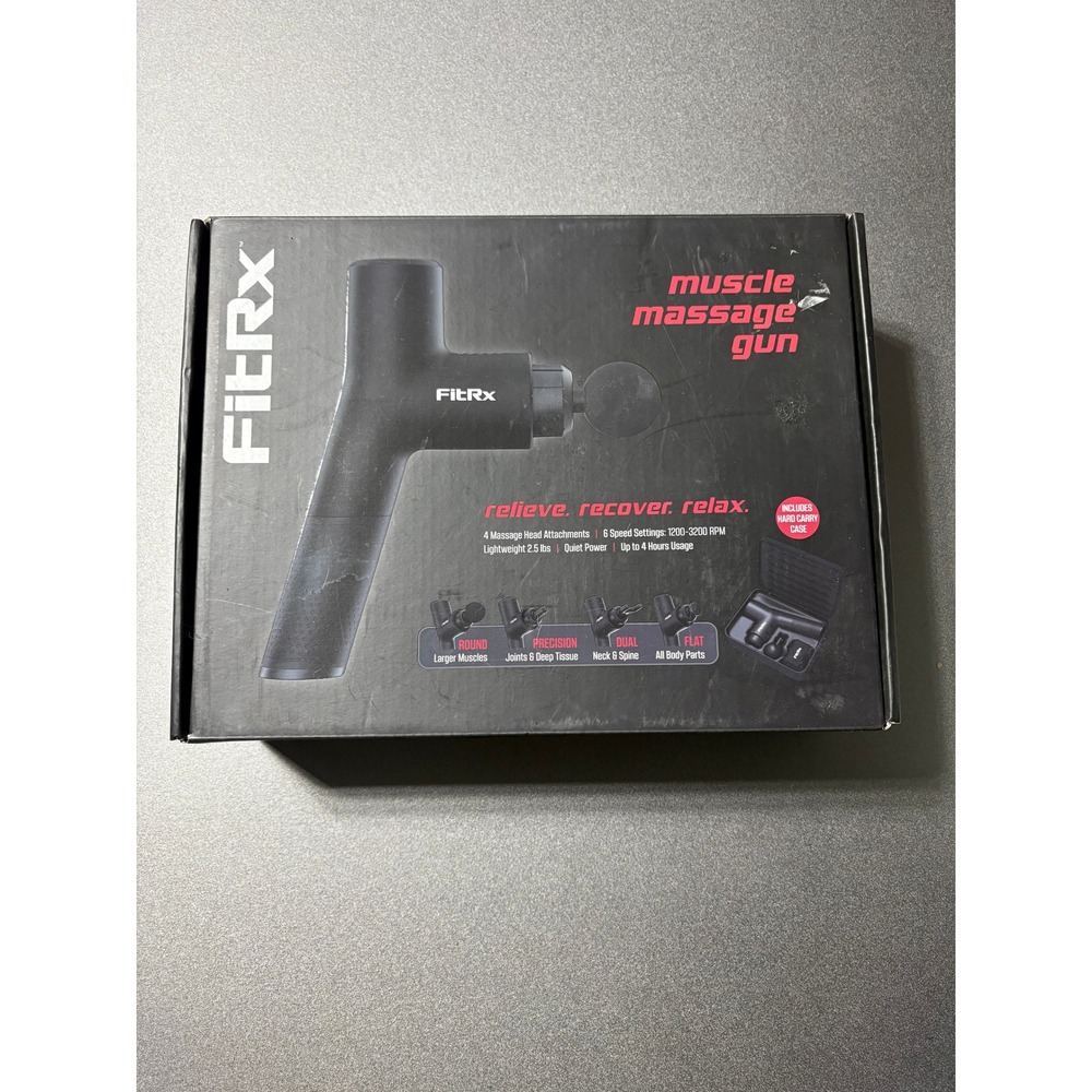 FitRx Muscle Massage Gun Tzumi Handheld Percussion Massager Black 4 Heads Case
